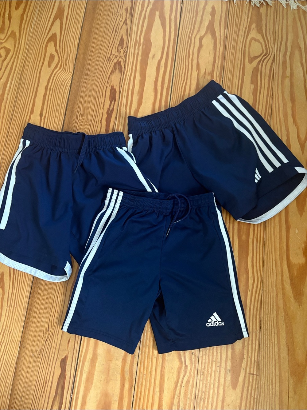 3 Adidas Navy Blue Kids Athletic Shorts with White Stripes Size Small